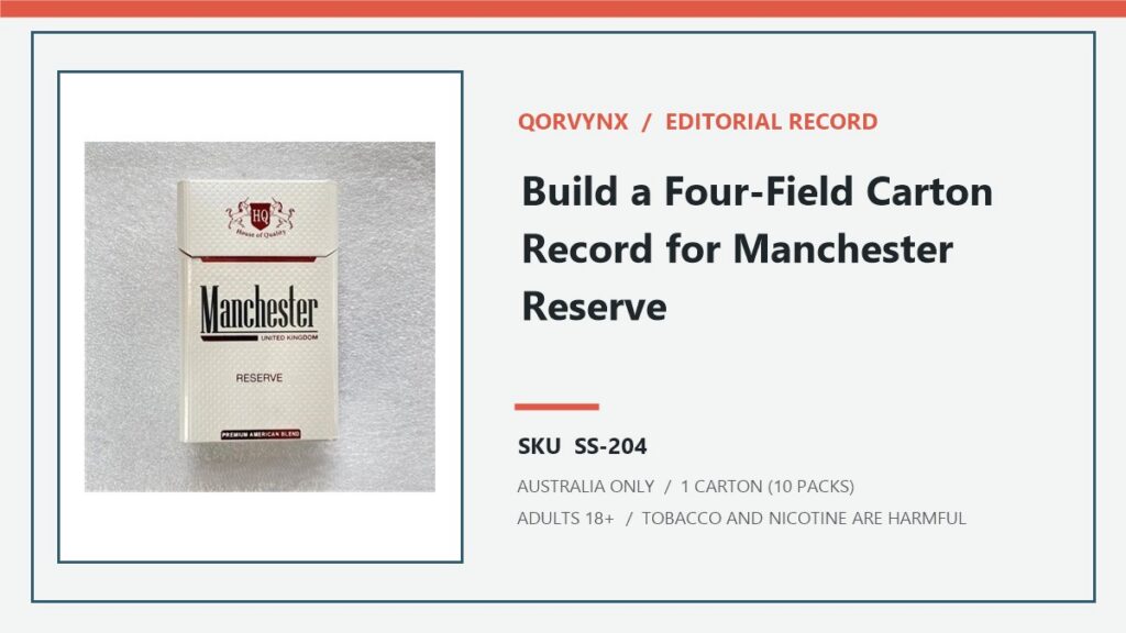 Qorvynx editorial record for Manchester Reserve Cigarettes - 1 Carton (10 Packs) and SKU SS-204