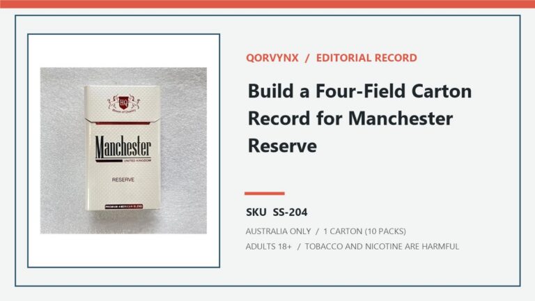 Qorvynx editorial record for Manchester Reserve Cigarettes - 1 Carton (10 Packs) and SKU SS-204